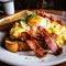 Hearty Morning Trio: Scrambled Eggs, Crispy Bacon, and Toasted Perfection