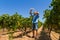 Heat exhausted young farmer cooling himself in