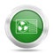 Heat pump green glossy vector icon, renewable energy concept silver metallic round web button