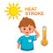 Heat stroke, sunstroke on hot summer sun icon. Sweat boy with heatstroke, headache, dizziness at high temperature sunlight. Vector