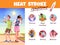 Heat stroke symptoms. Tired persons under scorching sun, hot summer consequence, people burns, man and woman overheating