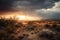 the heat of the sun beating down on a desert landscape, with storm clouds brewing in the distance