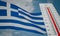 Heat wave in Greece, Thermometer in front of flag Greece and sky background, heatwave in Greece, Danger extreme heat in Greece, 3D