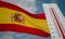 Heat wave in Spain, Thermometer in front of flag Spain and sky background, heatwave in Spain, Danger extreme heat in Spain, 3D