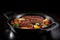 heated skillet with variety of sausages, including bratwurst, kielbasa and italian