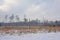 Heath landscape with bare and coniferous trees and snow