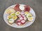 Heathy breakfast or snack, close up white plate with bread with