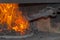 Heating metal inside a flaming coal forge.