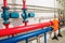 Heating system in a boiler room. powerful pumps red and blue tubes pipe