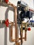 Heating system with copper pipes, valves and other equipment in a boiler room. copper pipes engineering