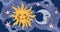 Heavenly banner sun and moon with a face, mystical background with stars for tarot, astrology, zodiac. Flat vector