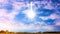 Heavenly Cross . Religion symbol shape . Dramatic nature background