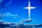 Heavenly Cross . Religion symbol shape .  Dramatic nature background