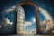 heavenly door, with clouds and blue sky in the background, against which stands out brightly shining star