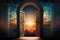 heavenly door, with sunrise or sunset in the background, symbolizing the beginning of a new day