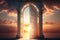 heavenly door, with sunrise or sunset in the background, symbolizing the beginning of a new day