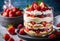 A heavenly fruit trifle with layers of sponge cake, whipped cream, strawberry, and raspberry.