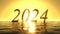 Heavenly sunrise on golden sea with 2024 year date on it. 3d illustration