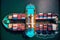 Heavily loaded cargo ship, top view, global business logistics