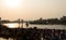 Heavy crowd going to take bath into ganga river due to saavan festival at haridwar bridge temple sky