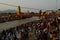 Heavy crowd going to take bath into ganga river due to saavan festival at haridwar bridge temple sky