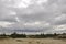 Heavy dark blue with tint of grey clouds in the cold summer sky over  green forest growing in the sand. North