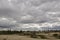 Heavy dark blue with tint of grey clouds in the cold summer sky over  green forest growing in the sand. North