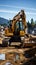 Heavy equipment in action: Caterpillar excavator digs, overlooking construction site and concrete pipe.