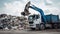 Heavy equipment in the front of a truck dumping piles of garbage, in the style of light white and azure, Generative AI