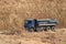 A heavy four-axle dump truck of blue drives along a dirt road against the background of a clay embankment. Career and road works.