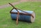 Heavy gardening lawn roller with rusty pull