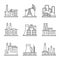 Heavy industry power plant and factory thin line vector icons