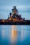 Heavy industry, steelworks, by the water in the blue hour