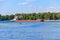 Heavy long barge sailing on the Dnieper river in Kiev, Ukraine