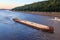 Heavy long barge sailing on the Dnieper river in Kiev, Ukraine