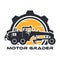 Heavy machinery icon with operator silhouette driving motor grader in gear