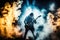 heavy metal guitarist performing on stage, surrounded by smoke and lights