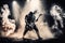 heavy metal guitarist shredding on stage, surrounded by smoke and pyrotechnics