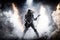 heavy metal guitarist shredding on stage, surrounded by smoke and pyrotechnics