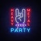 Heavy Metal Party Neon Sign Vector. Rock music logo, night neon signboard, design element invitation to Rock party
