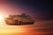 Heavy Military Tank in Desert at Sunset.