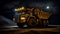 Heavy mining dump truck during night loading of rock in limestone quarry, stands on background of unsharp mine excavator