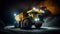 Heavy mining dump truck during night loading of rock in limestone quarry, stands on background of unsharp mine excavator