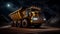 Heavy mining dump truck during night loading of rock in limestone quarry, stands on background of unsharp mine excavator