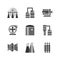 Heavy Oil and gas industrial icon set,tank,refinery columns,motor and pump,gas turbine engine,stack and flare