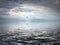 Heavy rain falling on a dark sea with dramatic storm clouds reflected on the water and a single flying seagull