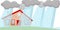 Heavy rain flooding living house. Huge gray clouds. Natural disaster. Emergency situation. Flat vector design