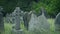 Heavy Rain On Old Graves In Overgrown Old Churchyard