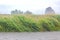 Heavy rain storm clouds wind waves water Oste river Germany