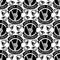 Heavy rock music badge vector vintage label with punk skull seamless pattern background hard sound sticker emblem